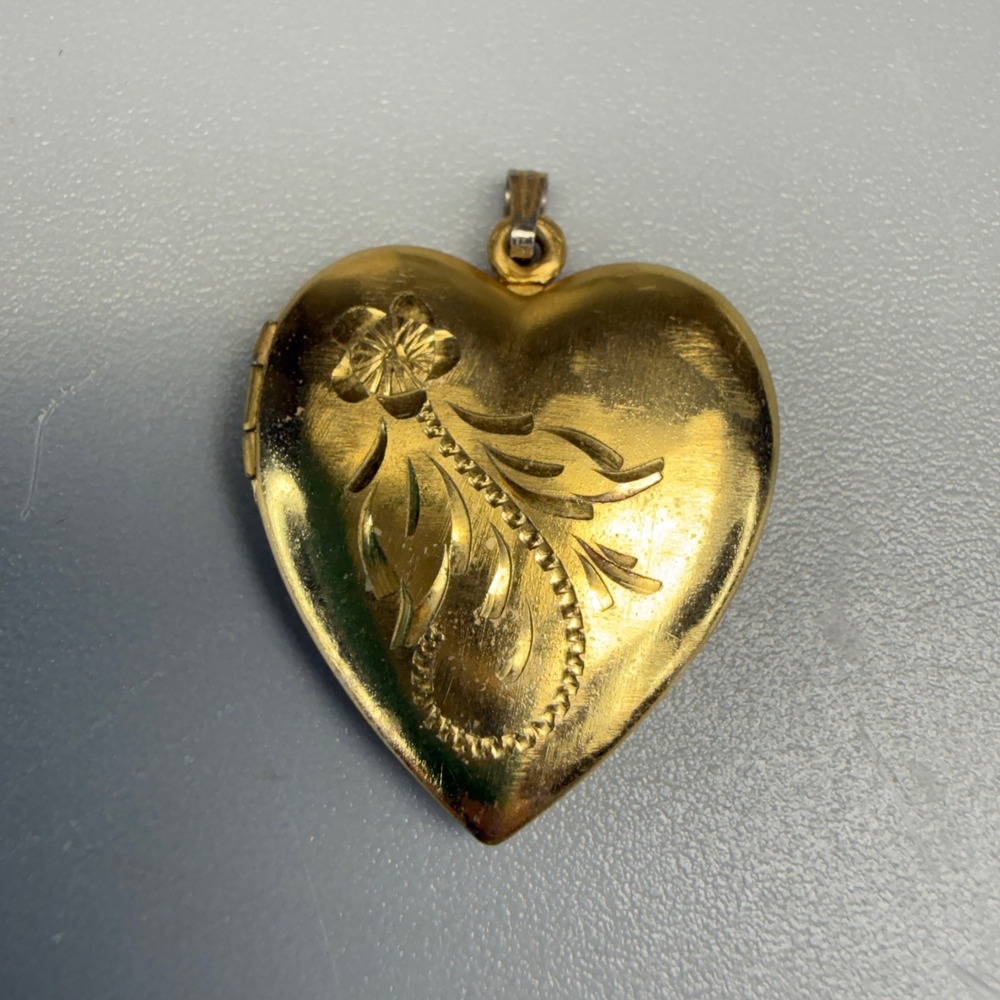 Vintage Heart Locket Pendant Gold Filled Etched Floral Romantic